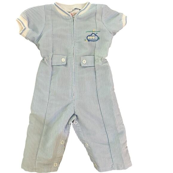 Vintage Buster Brown Blue White Stripe seersucker Jumpsuit Size 3-6 Mths 80s 90s - Picture 2 of 7